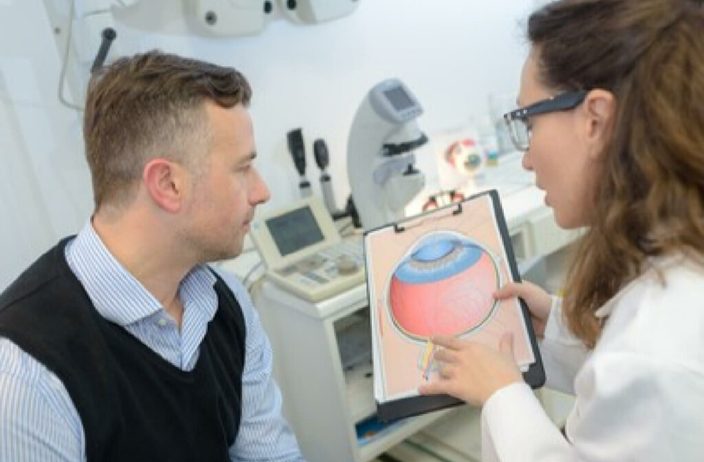 A man with glaucoma consulting an ophthalmologist for examination. The ophthalmologist is holding an eye diagram and  explaining how glaucoma affected the eye.