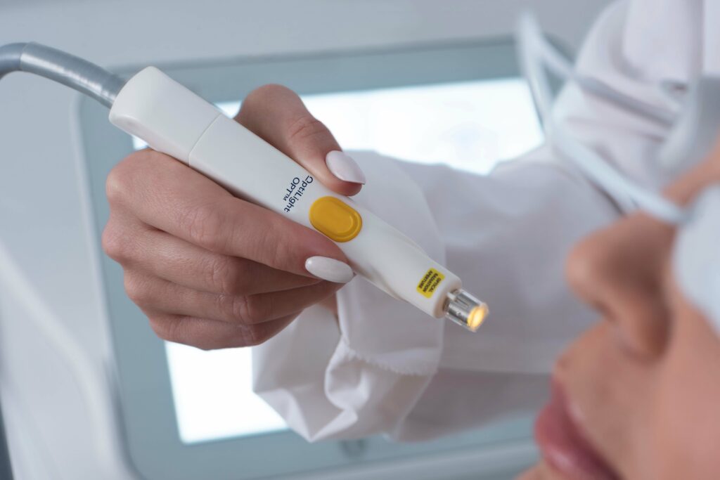 A close up of a patient receiving an OptiLight IPL treatment for dry eyes at the eye doctor's office