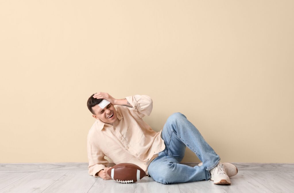 A pained athlete against a beige background holds a hand to their head while on the ground with a football