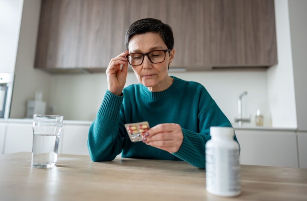 An older adult wearing glasses and reading a medication label at a kitchen table.