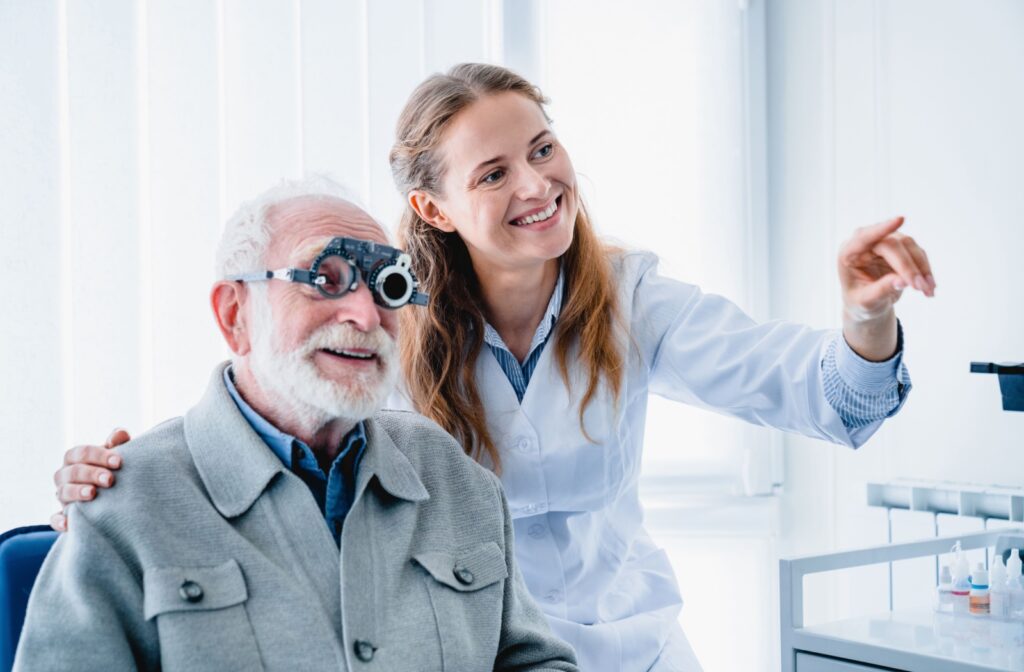 An eye doctor performs a thorough evaluation to determine the best course of low vision therapy for their older patient.