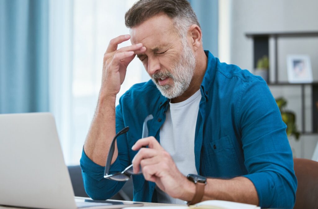 A person sitting at a desk and holding thier forehead as they have a headache