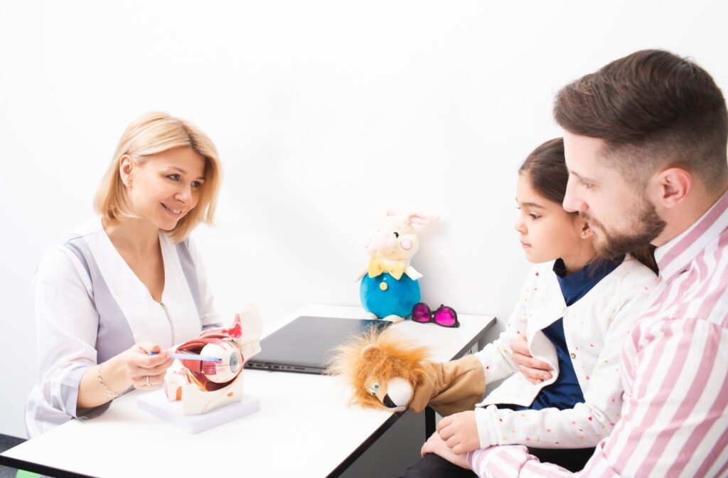 An eye doctor talking to a parent and child while using a 3D model of an eye