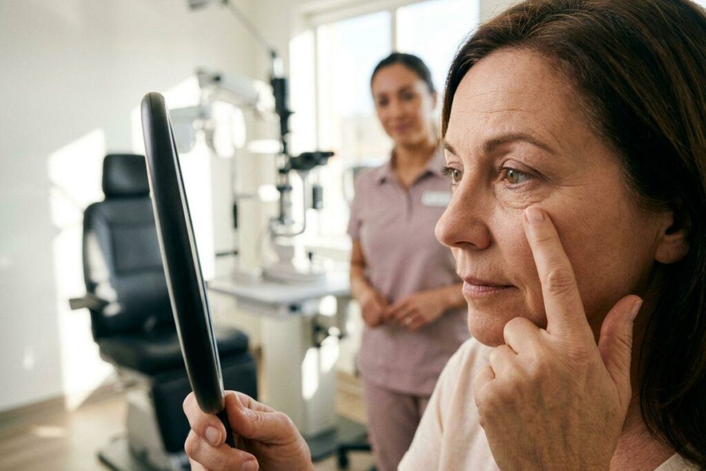 Adult patient holding a mirror and touching their eye area, with an optometrist smiling in the background.