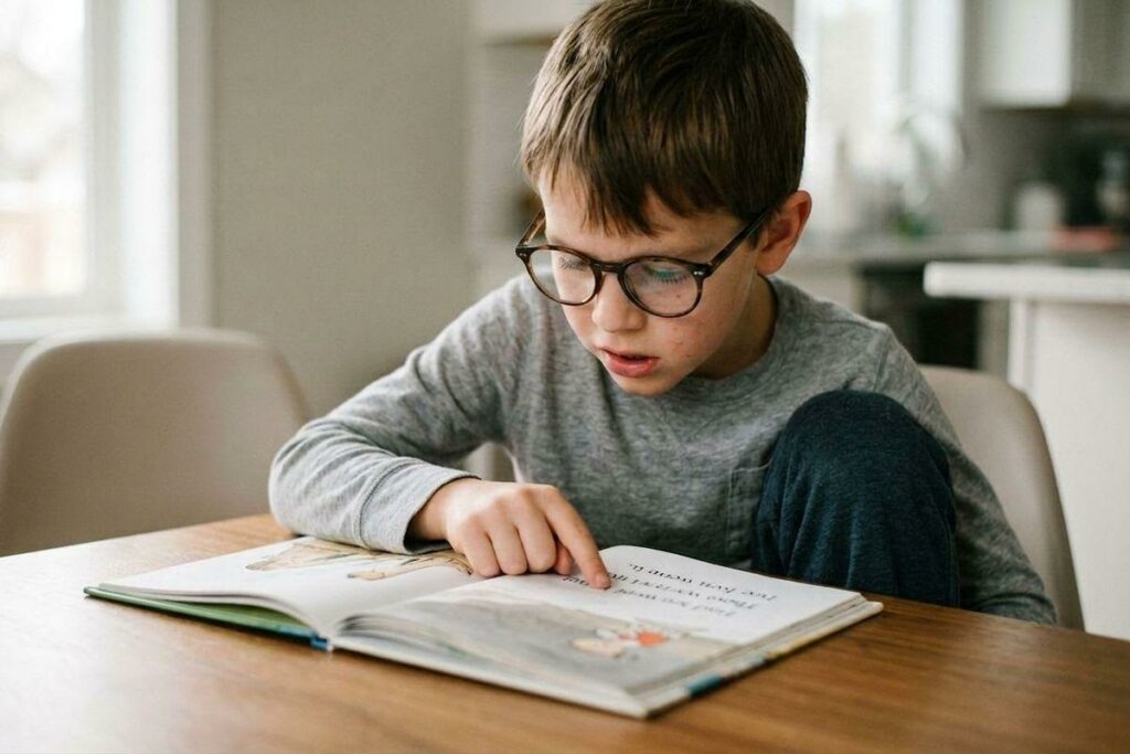 Child wearing glasses, reading an illustrated book, pointing at the text, with a focused expression.