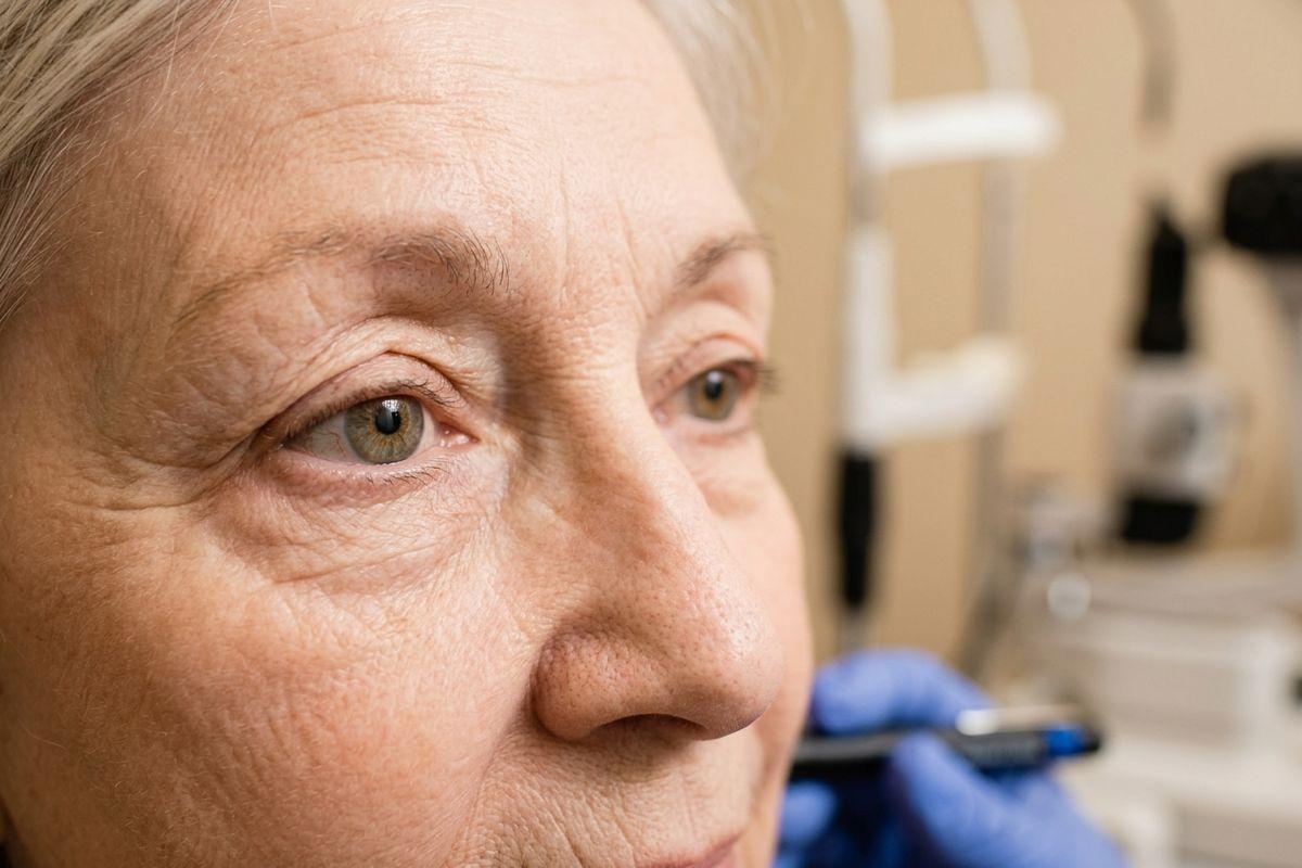 Close-up of an older adult's face during an eye exam, with a gloved hand and slit lamp in the background.