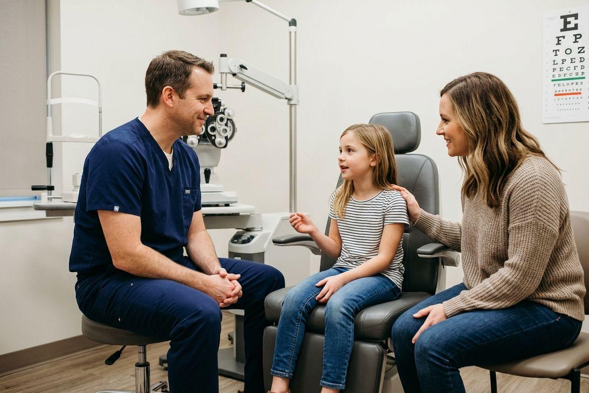 Optometrist smiling while talking with a child seated in an exam chair, accompanied by an adult.