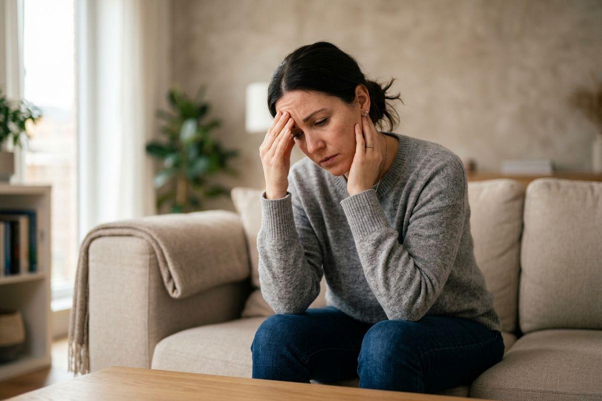 Adult sitting on a sofa, holding both hands to their head, looking down with a distressed expression.