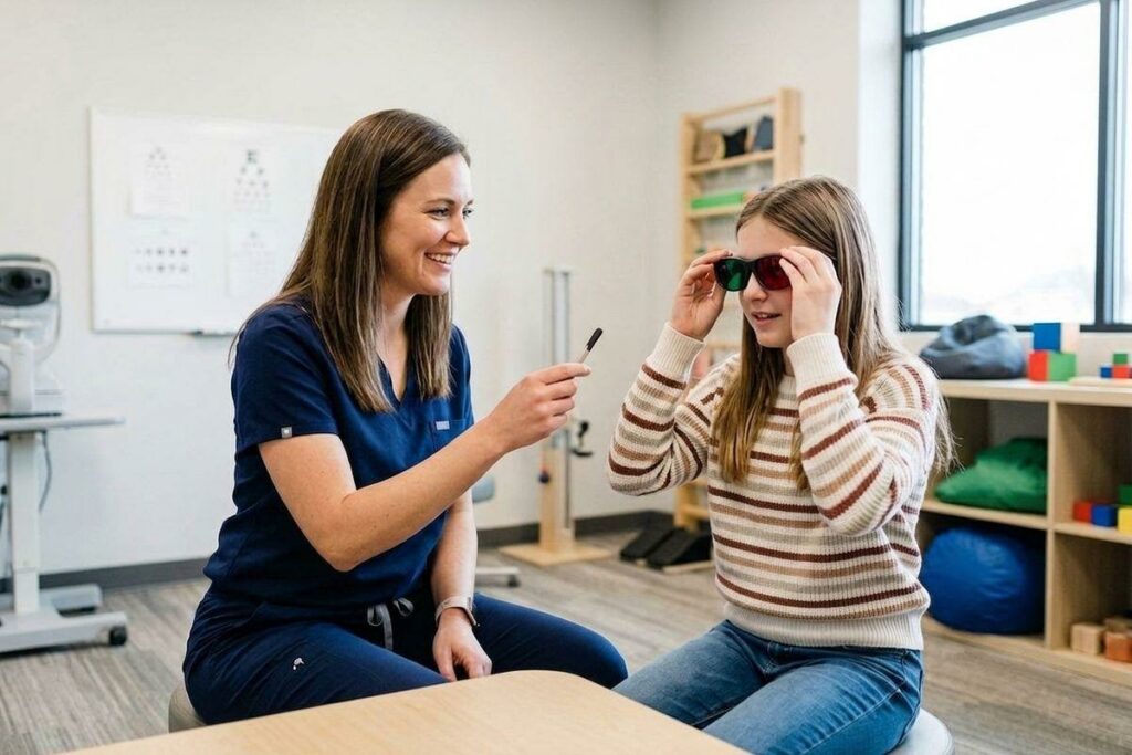 Smiling optometrist holds a pen toward a child wearing red-green testing glasses during an eye exam in a clinic room.