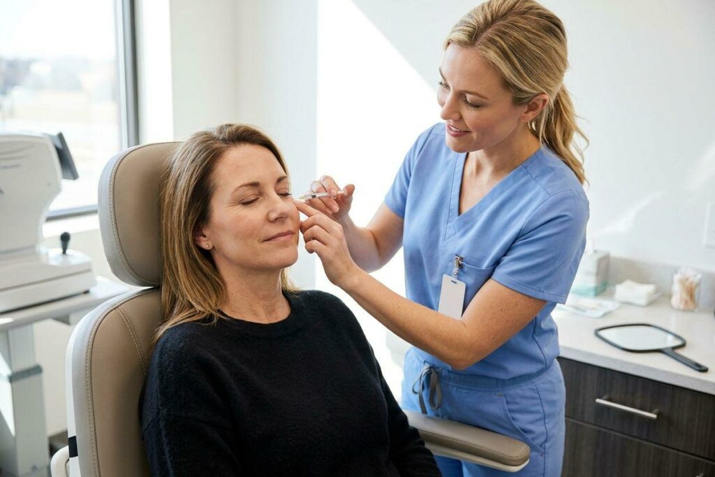 A professional administering a facial injection near the eye of a seated adult in a clinical room.