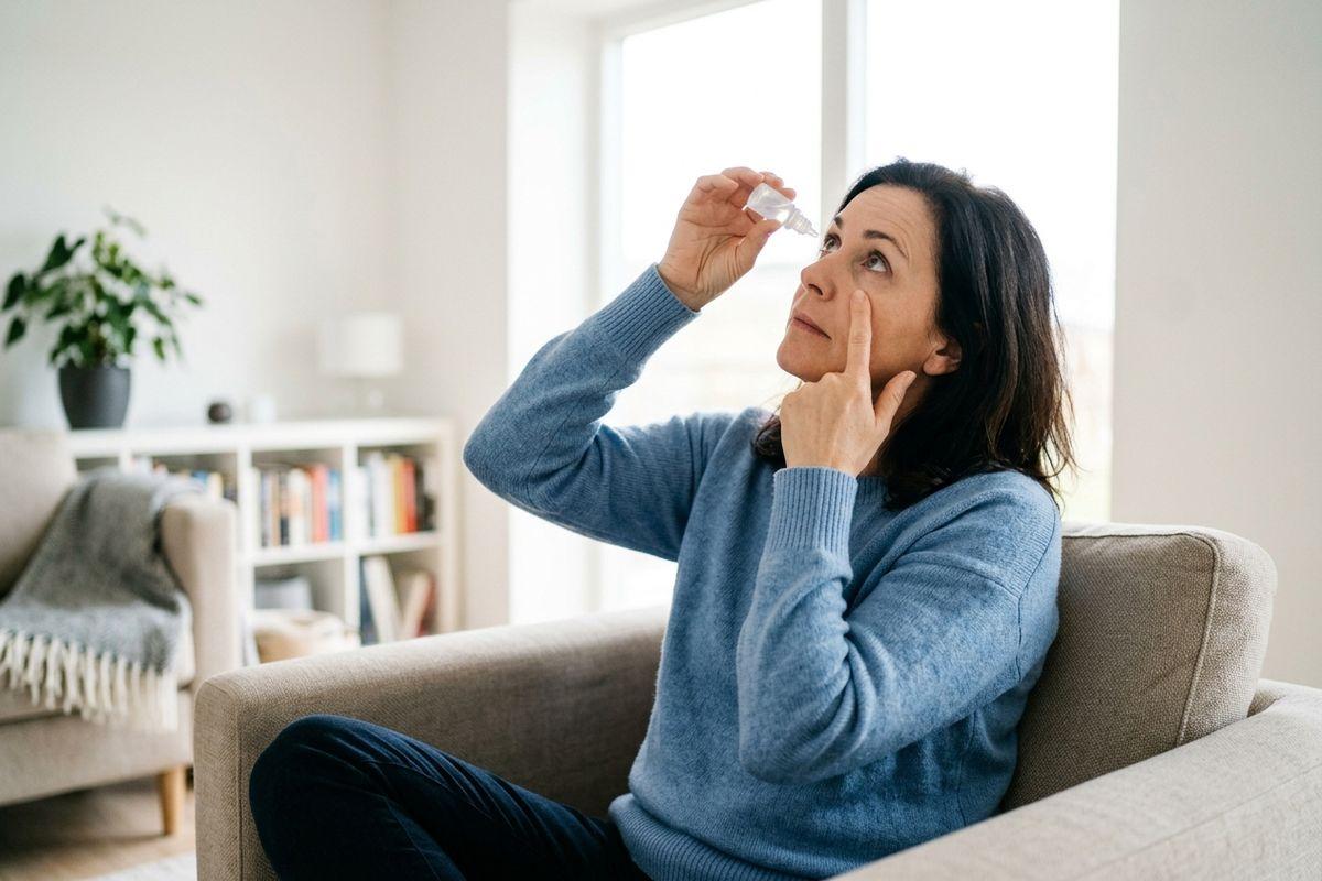 Adult sitting on a sofa applying eye drops from a small bottle while looking upward, in a bright living room.