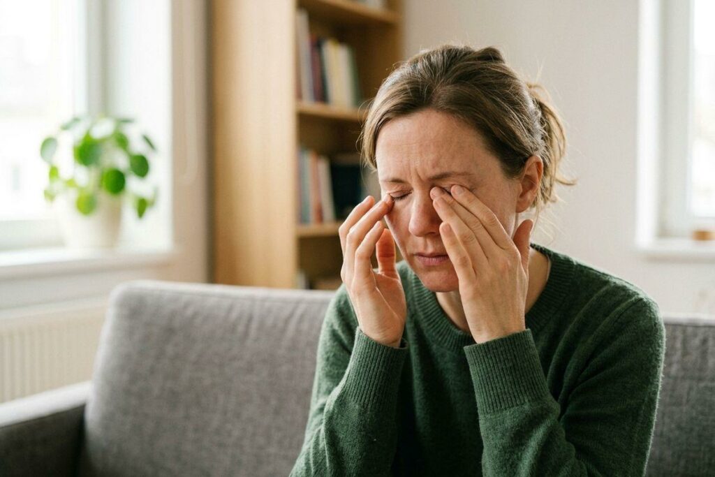 Adult sitting on a sofa indoors, rubbing both closed eyes with fingertips, expression tense.