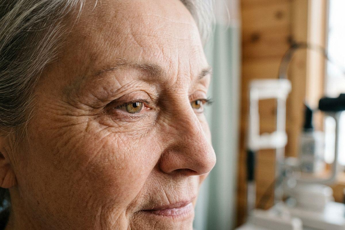 Close-up of an older adult's face with gray hair, looking ahead with a slight smile in an eye exam room.