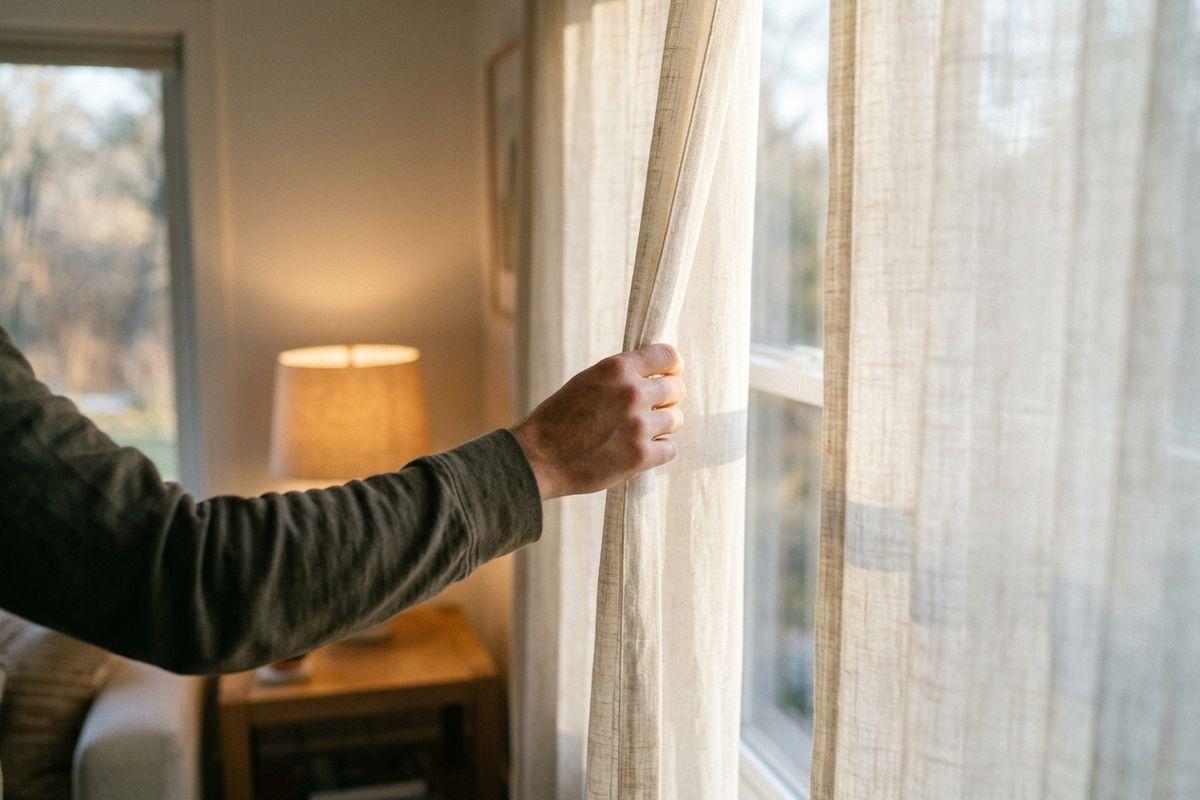 A person's arm in a dark long-sleeve shirt pulling aside sheer linen curtains at a window in a living room with a lit lamp on a side table.