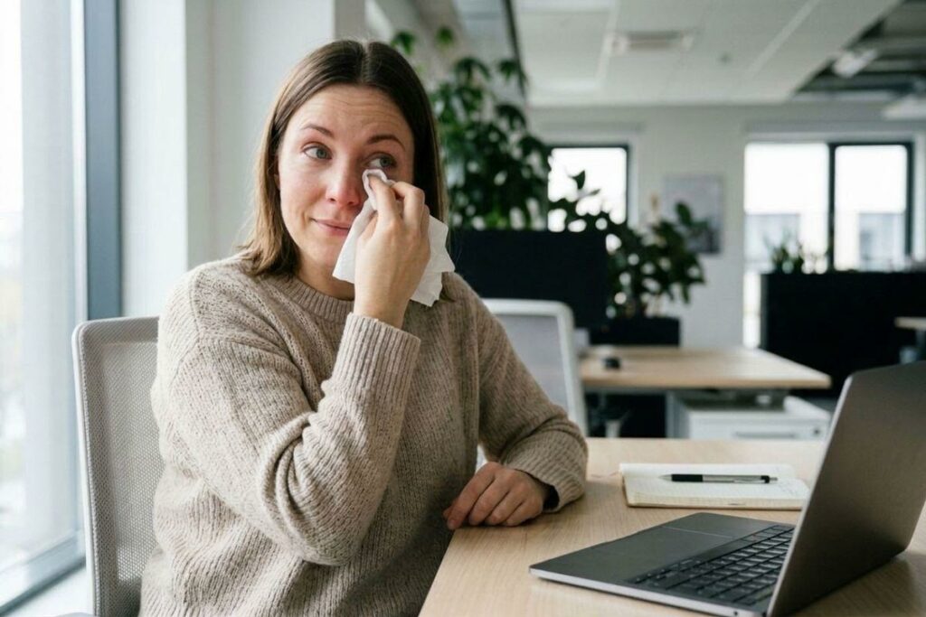 Adult at an office desk dabbing one eye with a tissue, looking teary, beside an open laptop and a notebook with a pen.