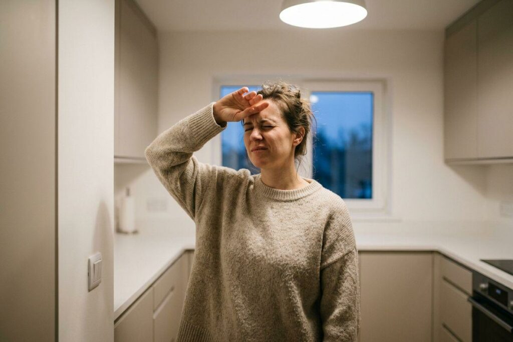 An adult in a beige sweater stands in a kitchen, eyes squeezed shut and grimacing, hand pressed to forehead, with a window and pendant light behind.