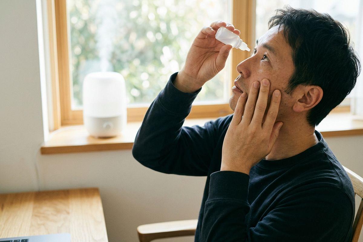 An adult seated by a window tilts head back and applies eye drops, pulling down lower eyelid with one hand; a humidifier sits on the sill.