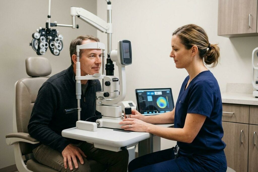 An optometrist adjusts a slit lamp as an adult patient rests their chin in it during an eye exam, with a phoropter and a monitor showing an eye scan nearby.