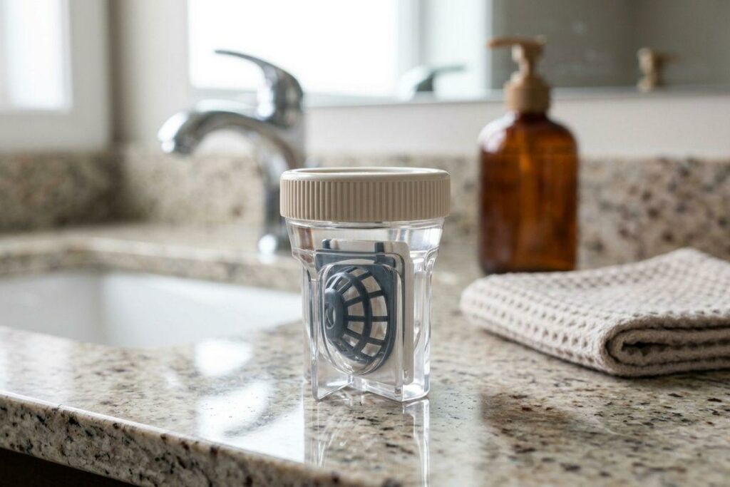Contact lens cleaning case with lens basket on a granite bathroom counter near a sink, amber soap bottle, and folded towel.