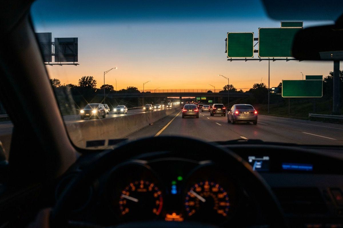 Driver's view through a windshield of highway traffic at dusk, with lit dashboard gauges, blank green overhead signs, and an orange sunset sky.