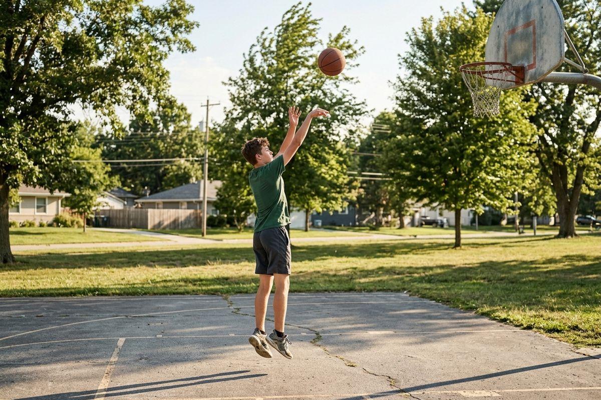 Teen jumps to shoot a basketball toward a hoop on a cracked outdoor court, with a grassy park, trees, and houses behind on a sunny day.